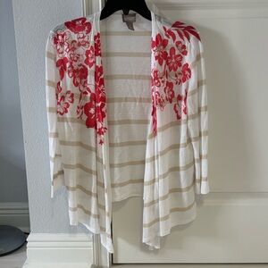 Chico's White and Tan Cardigan with Red Accents